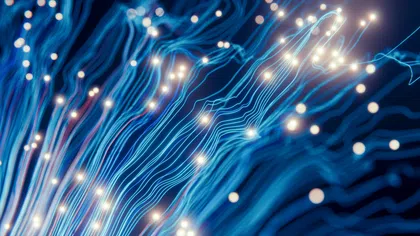 Close-up of glowing blue fiber optic cables with light points on dark background