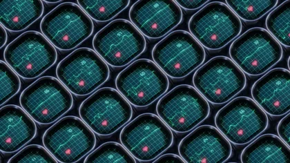 Repeating pattern of blue digital heart rate monitors with red heart icons and fluctuating ECG lines.