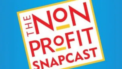 Logo for The Nonprofit Snapcast with red text on white background and blue border.