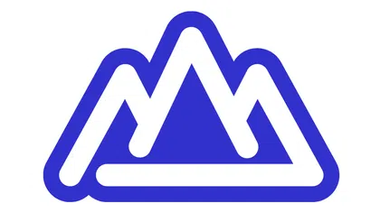 Stylized blue mountain logo with bold white outline and sharp peaks on a white background
