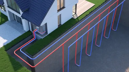 3D illustration of geothermal heating system with red and blue pipes connecting a house to underground loops.