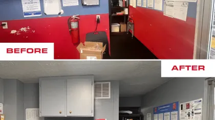 Office room before and after renovation with red and blue walls transformed to clean gray walls and organized space.