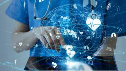 healthcare worker on tablet searching the internet