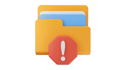 Yellow file folder with blue and white documents and red warning icon with exclamation mark