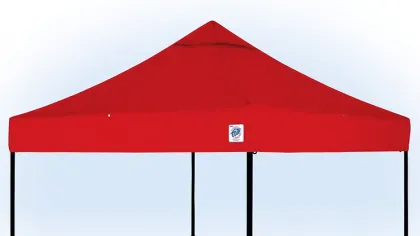 Red pop-up canopy tent with black adjustable legs set against white background