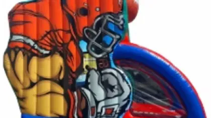 Inflatable football-themed bounce house featuring a player in orange jersey and helmet catching a football.