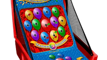 Colorful Balloon Pop tabletop carnival game with red frame and multicolored balloons to pop.