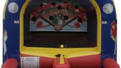 Inflatable baseball-themed pitching game with target holes and red, yellow, blue colors.