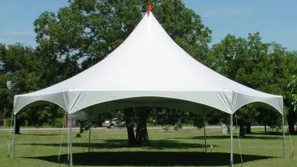 White high peak event tent set up on green grass with trees and blue sky in the background.