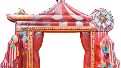 Colorful inflatable carnival tent entrance with red and white stripes and balloon decorations