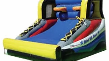 Colorful inflatable game with laces and two orange handles, designed for climbing or sliding activities.