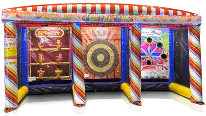Inflatable carnival games booth with ring toss, axe throwing, and wheel toss targets under striped canopy.