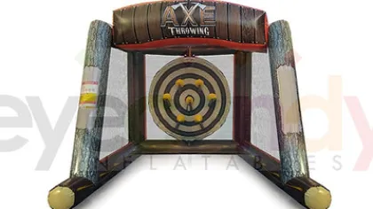 Inflatable axe throwing game with target rings and wood log design for outdoor or party entertainment.
