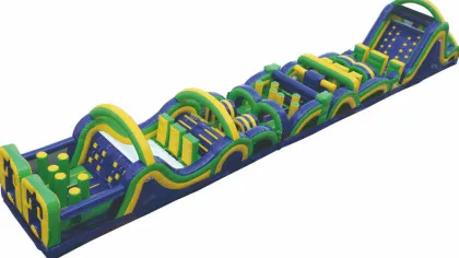 Long inflatable obstacle course with blue, green, and yellow sections including climbing walls and tunnels