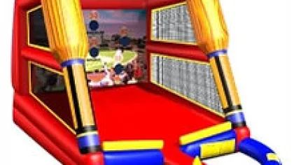 Inflatable baseball-themed carnival game with large bats, balls, and red and blue structure