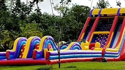 Colorful inflatable obstacle course and slide set up outdoors on grass with trees in the background