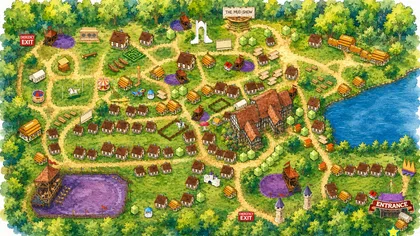 Colorful illustrated map of a theme park with rides, buildings, forest, water, and marked entrances and exits