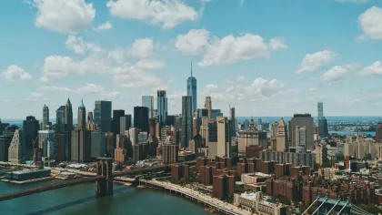 a city with a bridge and water