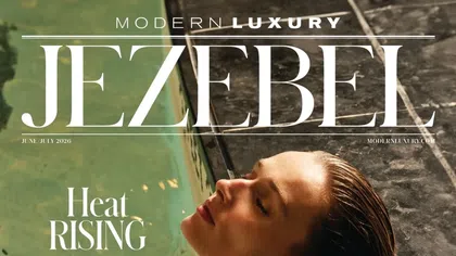 Woman with wet hair relaxing by a pool, featured on Modern Luxury Jezebel magazine cover June/July 2026.