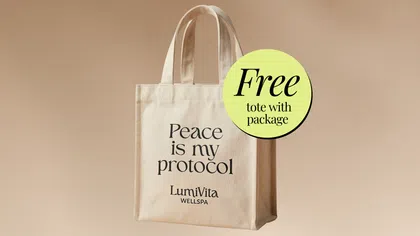 Beige tote bag with text Peace is my protocol and LumiVita Wellspa logo on beige background with free tote offer.