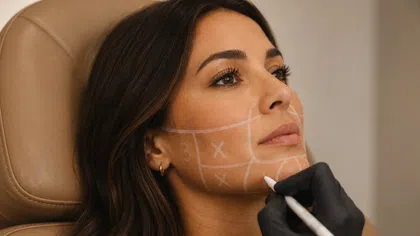 Young woman with facial contour lines drawn in white being marked for cosmetic treatment by gloved hand.