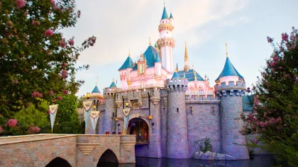 a castle with blue domes