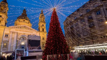 a large christmas tree in front of a building with a large crowd
