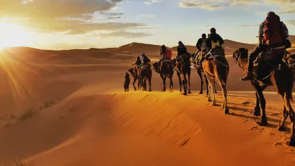 a group of people riding camels