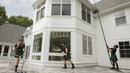 a group of people in clothing outside a house