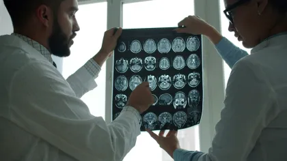 Two doctors examining brain MRI scans in front of a window in a medical setting.