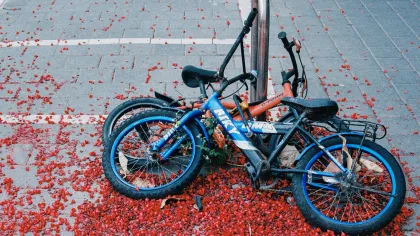 Two small bicycles locked to a metal bike rack on gray pavement covered with red flower petals.
