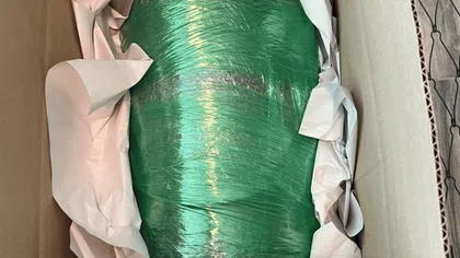 Green wrapped item secured with packing paper inside a brown cardboard shipping box on a wooden floor.