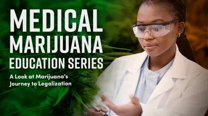 Medical professional wearing safety glasses examines medical marijuana plant in education series graphic.