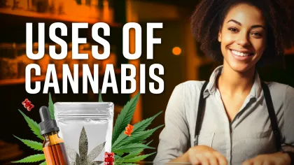 Smiling woman with cannabis leaf, oil dropper, and packaging under 'Uses of Cannabis' text in warm setting.