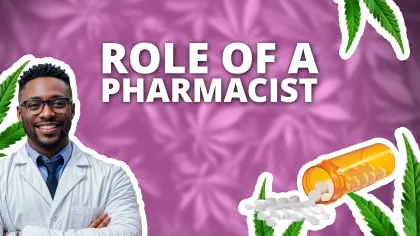 Smiling pharmacist in white coat with pills, prescription bottle, and cannabis leaves on purple background