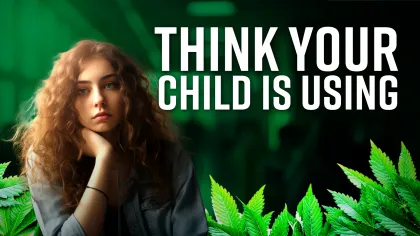 Thoughtful teenage girl with curly hair surrounded by cannabis leaves with text warning about child drug use.