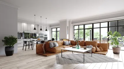 a living room with a large window