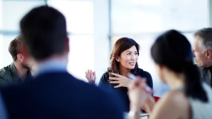 Business meeting with diverse professionals engaged in discussion around a table in bright modern office.