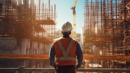 Construction worker in safety vest and helmet overseeing urban building site with steel framework and crane.