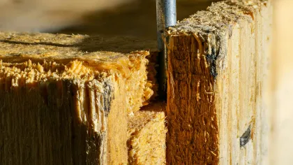 Close-up of a nail partially embedded in rough, splintered wooden boards with sunlight casting shadows.