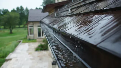 tile roofing and gutters in the rain
