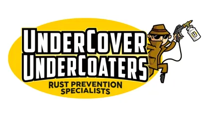 Logo for UnderCover UnderCoaters rust prevention specialists with a spy character holding a spray gun on yellow background