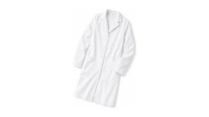 White lab coat with buttons and two front pockets, displayed on a white background.