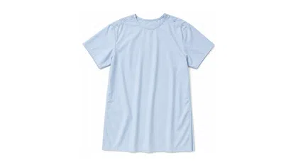Light blue short-sleeve shift dress with button details on shoulder seams on a white background