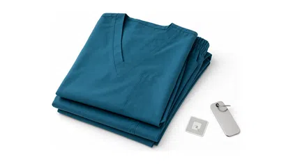 Folded blue medical scrubs with pocket and elastic waistband next to a medical tool on white background