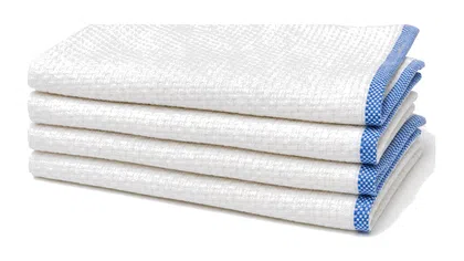 Stack of four white kitchen towels with blue checkered edges folded neatly on a white background