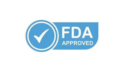 Blue FDA approved badge with white checkmark symbol indicating official approval.