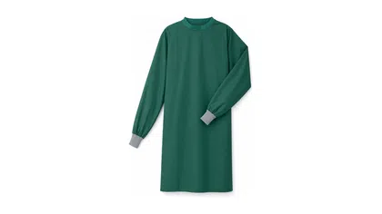 Long sleeve green surgical gown with contrasting gray cuffs and collar on white background