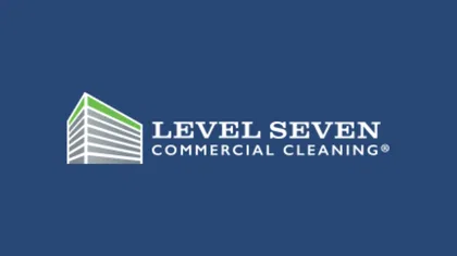 Level Seven Commercial Cleaning logo with green and white building icon on blue background