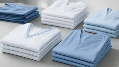 Stacks of neatly folded blue and white medical scrubs arranged on a gray surface in soft lighting.